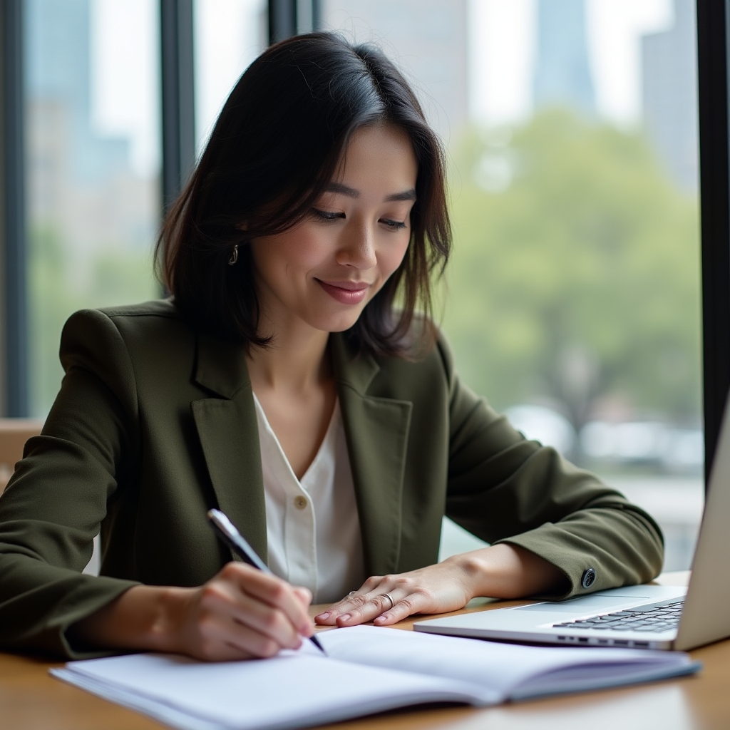 Content strategist annotating a brand voice style guide on paper next to a laptop