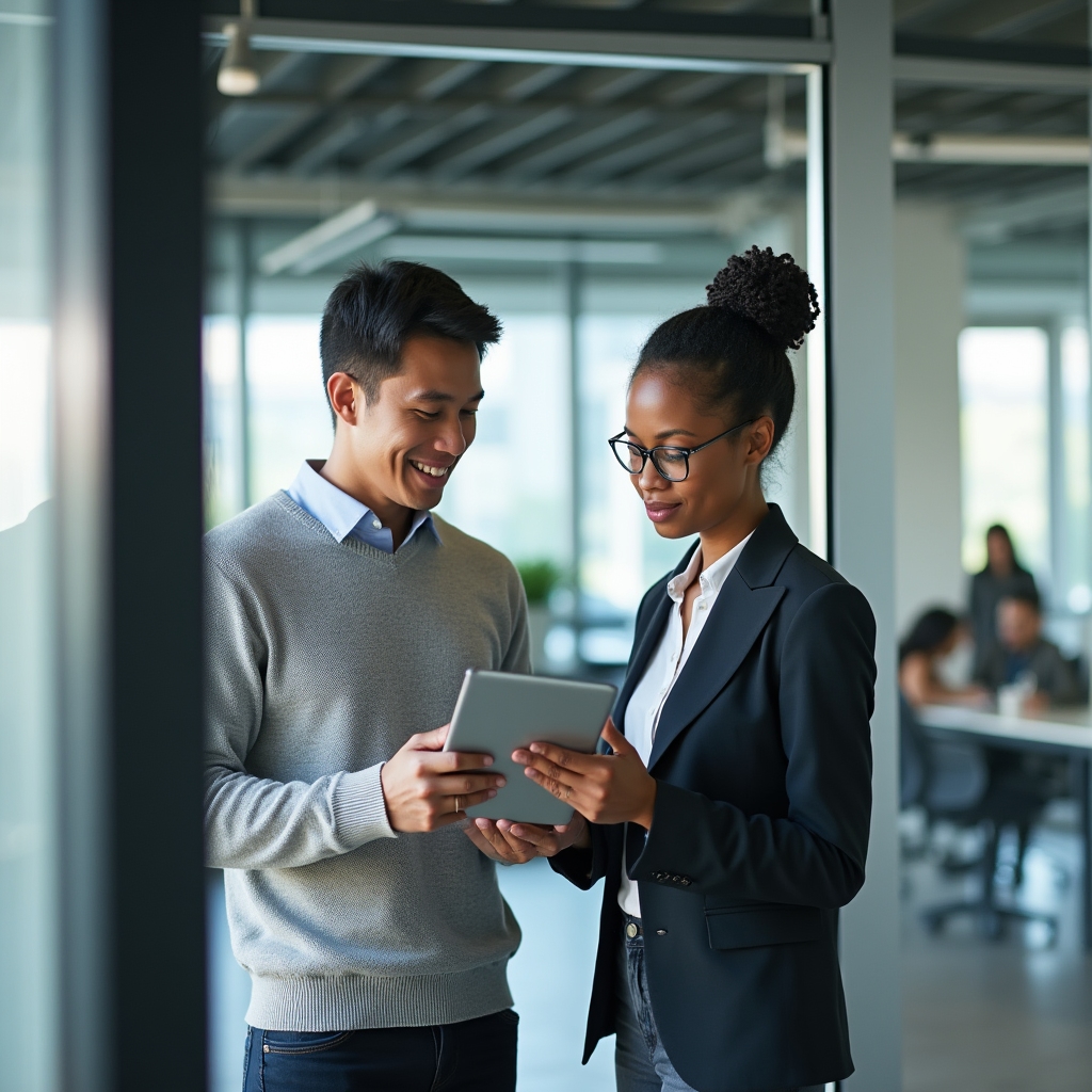 Marketing manager and colleague comparing licensing options on a tablet in a bright office