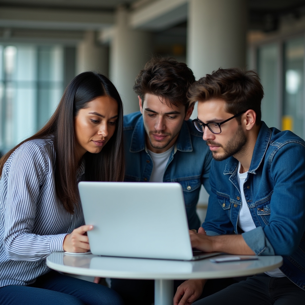 A small editorial team gathered around a laptop discussing a quality control checklist