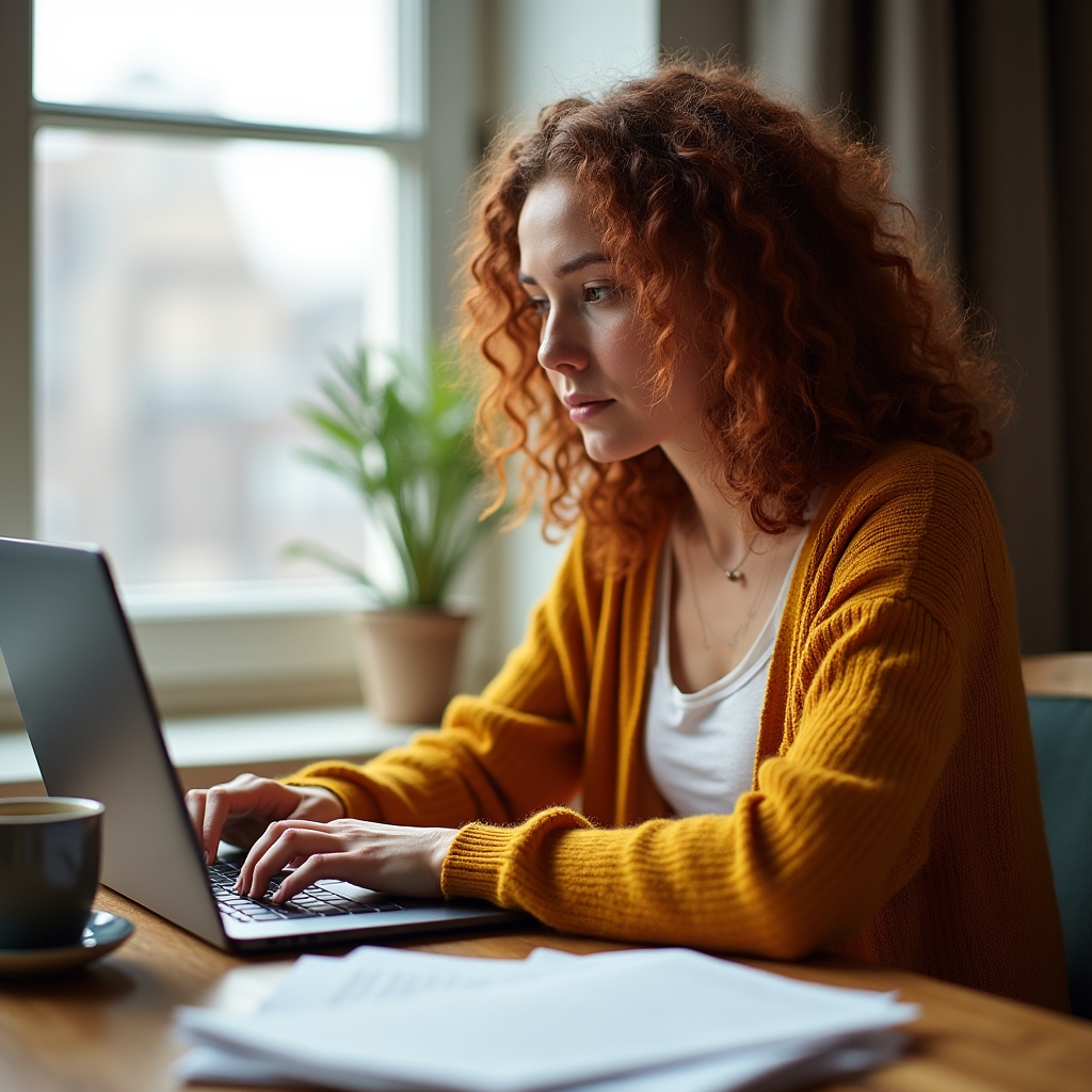 Writer reviewing an AI-assisted draft on a laptop with printed notes nearby