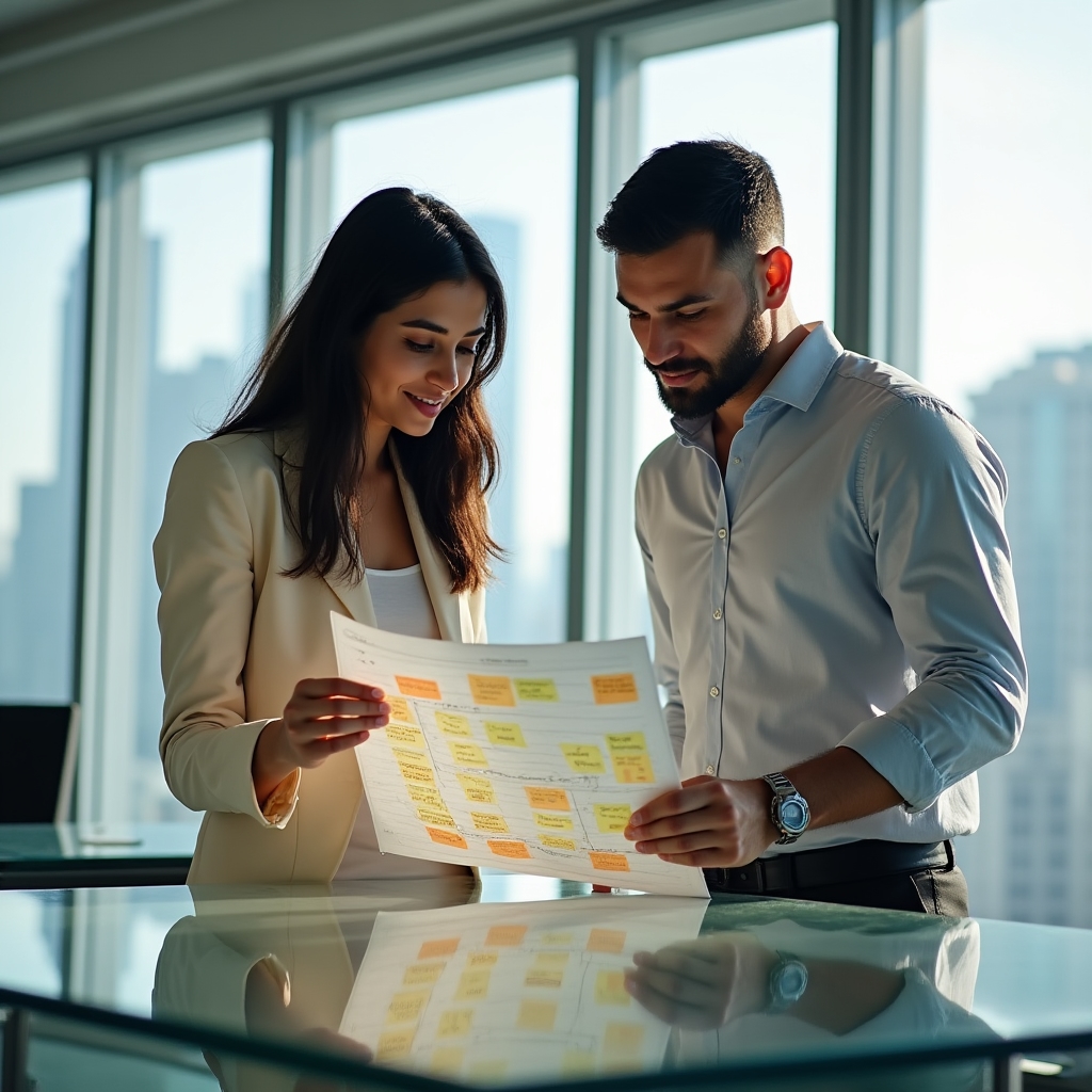 Two content team members reviewing a printed workflow diagram at a glass desk